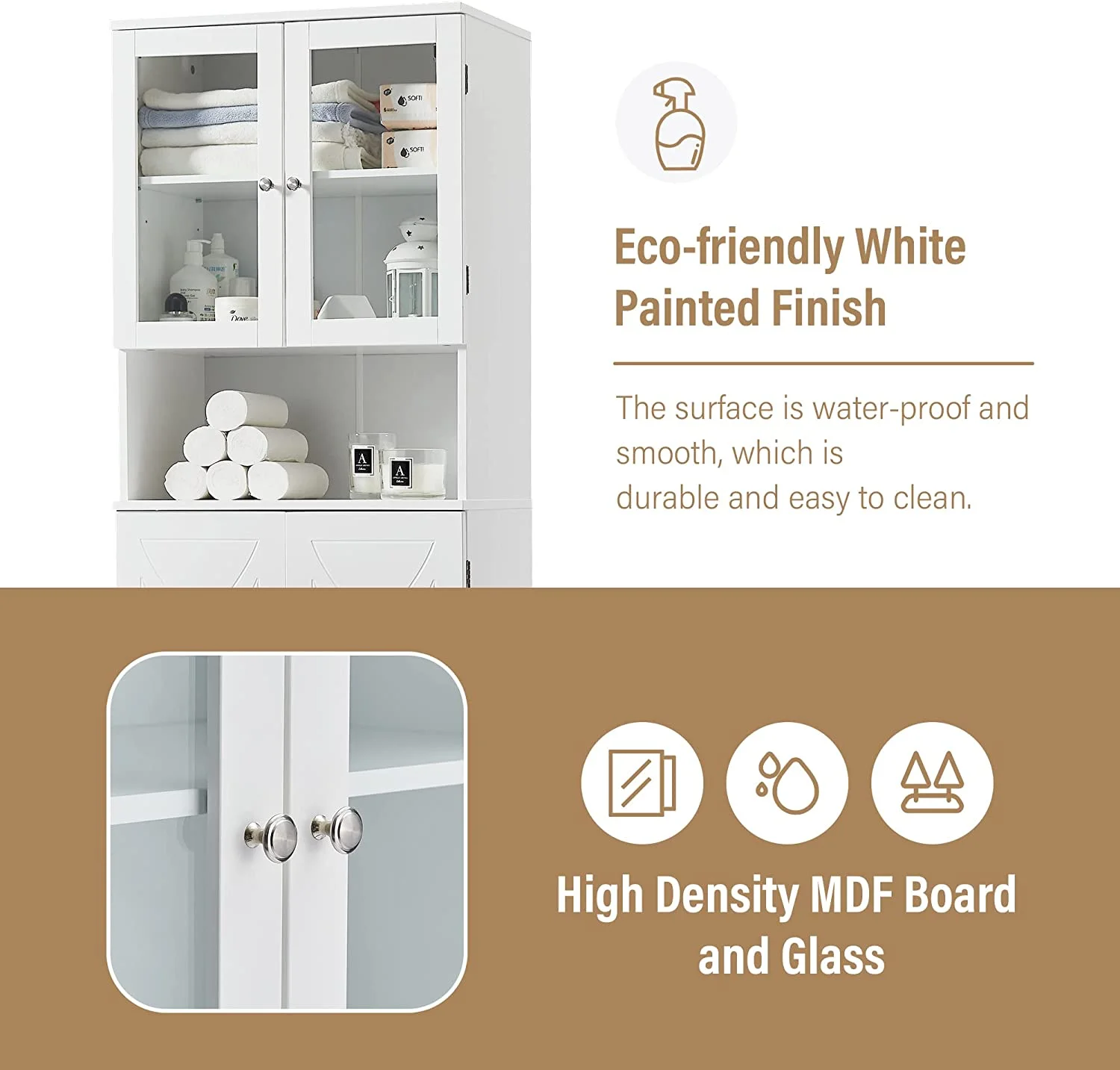 WANHUI, White Bathroom Storage Cabinet with Glass Doors, Open Bookcase, Pantry Cupboard, Adjustable Shelves