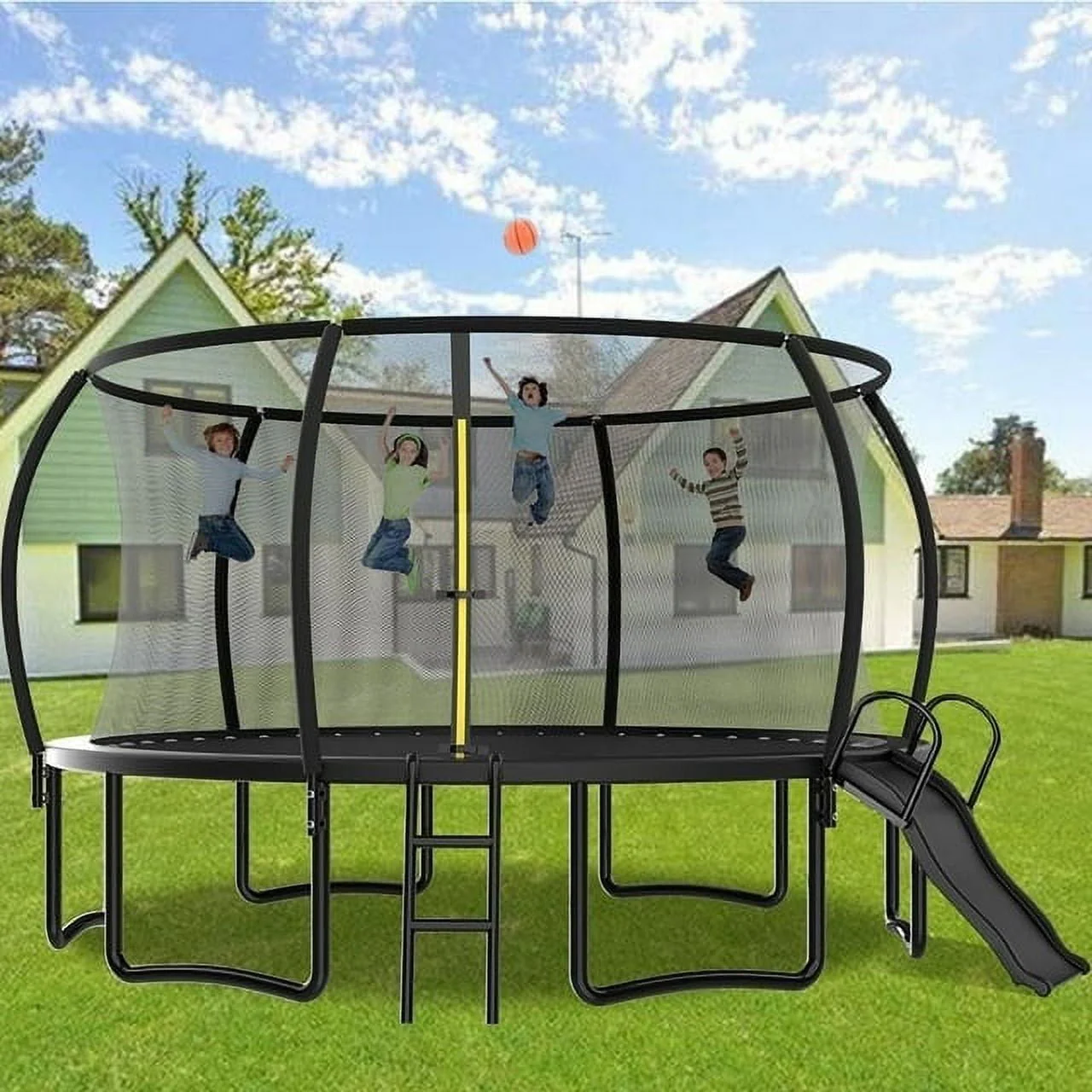 Soges 12FT Trampoline with Slide for Kids and Adults Outdoor Trampoline with Ladder and Safety Enclosure Net Pumpkin Trampoline with Curved Poles