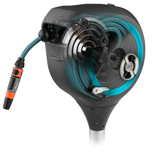 GARDENA (18604-80) 50' x 1/2" Automatic Retractable Garden Hose Reel for Outside Use on Metal Spike With Easy Swivel for Simple Watering of Gardens