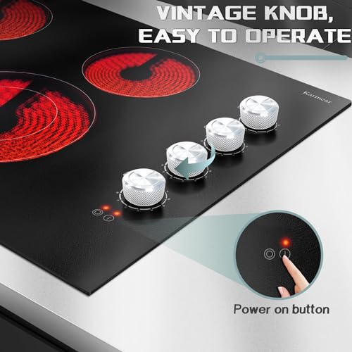 Karinear Electric Cooktop 30 Inch, 4 Burners Electric Stove Top, 30" Knob Control Built-in Electric Radiant Ceramic Cooktop, 6700W, 220~240V Hard Wire