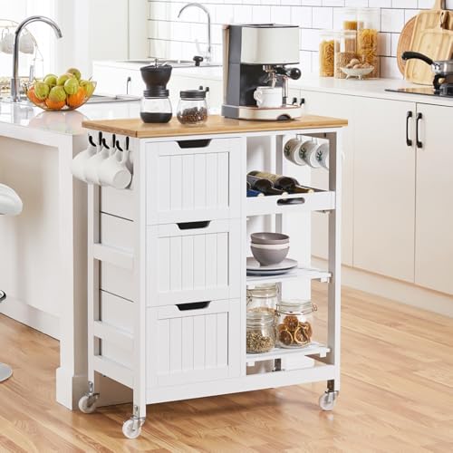 Yaheetech Kitchen Island Cart on Wheels with Bamboo Countertop, Rolling Serving Utility Trolley Cart with 3 Drawers