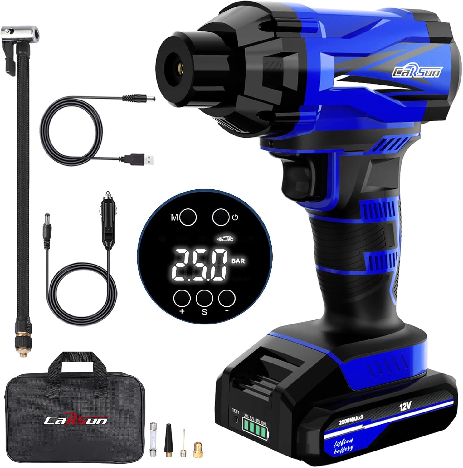 Acarfunny Portable Cordless Air Compressor,12V Rechargeable Battery Powered Handheld Air Pump Cordless Tire Inflator,Car Power Adapter