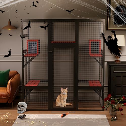 COZIWOW 70Inches Large Stable Spacious Wooden Catio Outdoor Cat Enclosure with Perches and Condos, Cat Cage Indoor with Waterproof Roof