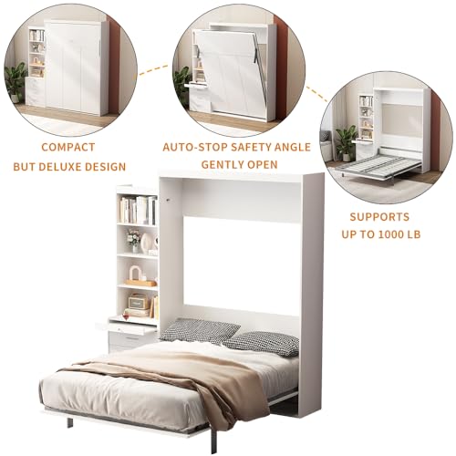 Queen Size Murphy Bed Wall Cabinet with 2 Wardrobe and Storage Shelf, Wooden Murphy Cube Wall Bed