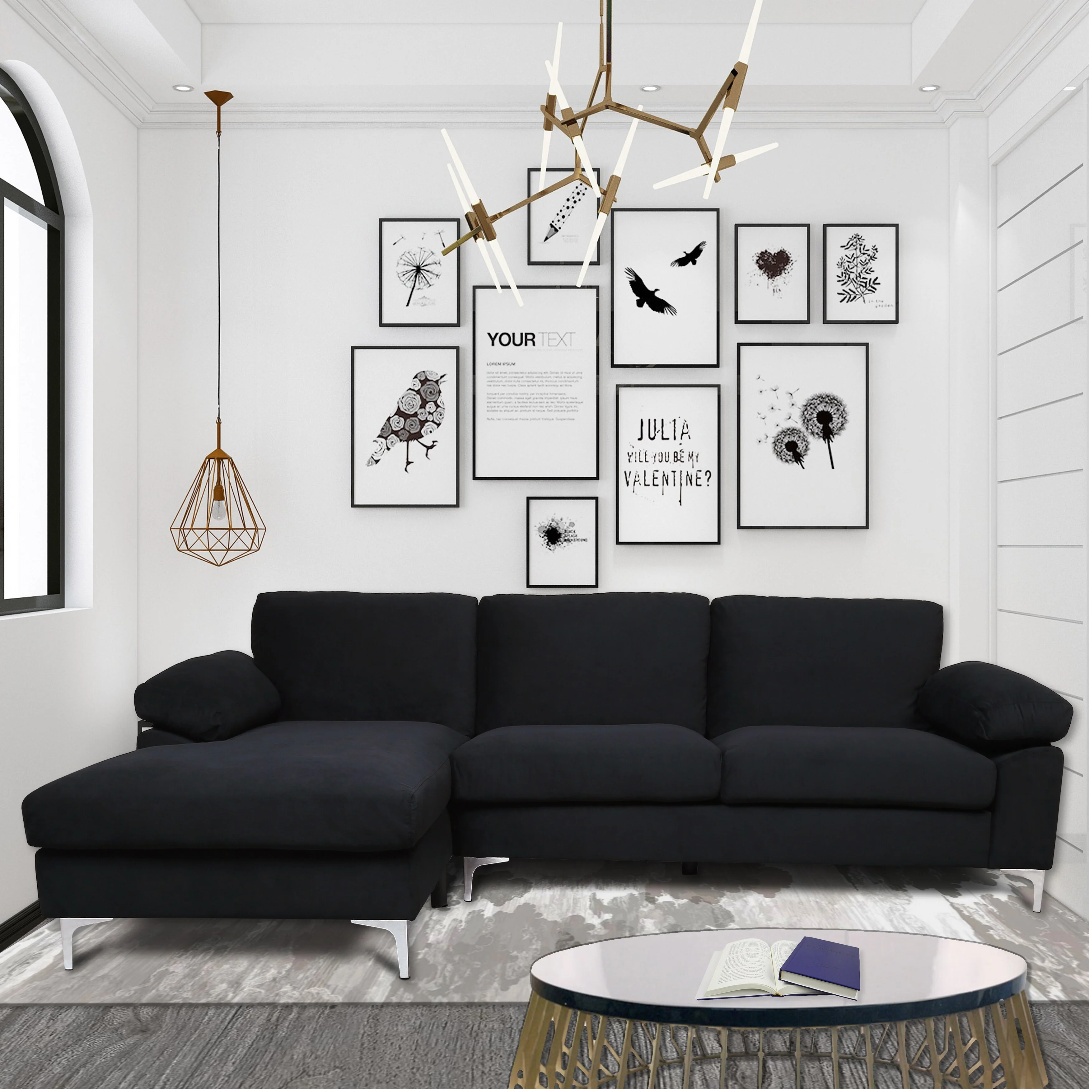 103" Wide Modern Upholstered L-shape Left Facing Tufted Velvet Sectional Sofa with Metal Leg Purple