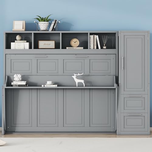 SOFTSEA Full Size Murphy Bed with Closet and Drawers, Wall Bed with Storage Shelves and Cabinet, Wood Bed Frame with Support Slats