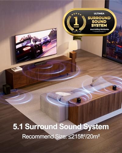 ULTIMEA 5.1ch Sound Bar with Subwoofer, Home Theater Virtual Surround Sound System for TV, Soundbar with App Control, 2 Surround Speakers, Opt/AUX