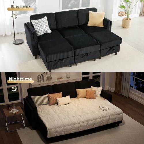KKL Modular Sectional Sofa Bed with Storage Ottoman, Convertible L/U-Shaped Sleeper Couch for Living Room, Modern Reversible Design, Beige