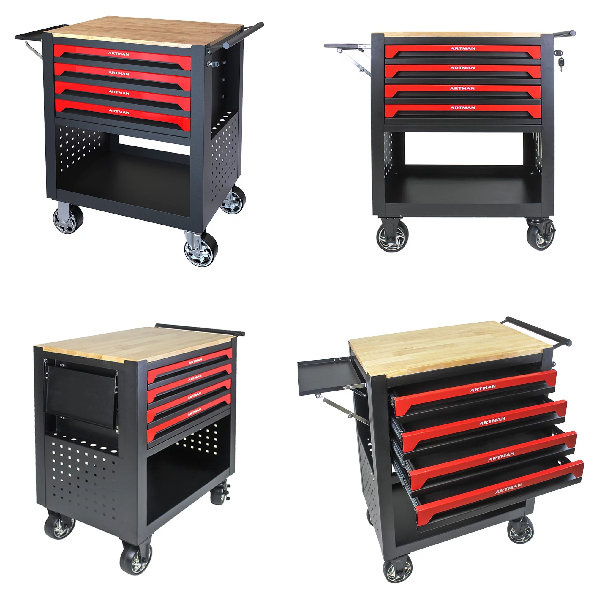 Seizeen 4-Tier Rolling Tool Cart, Multi-Purpose Mechanic Tool Chest On Wheels with Cabinet, Extended Tray & Handle