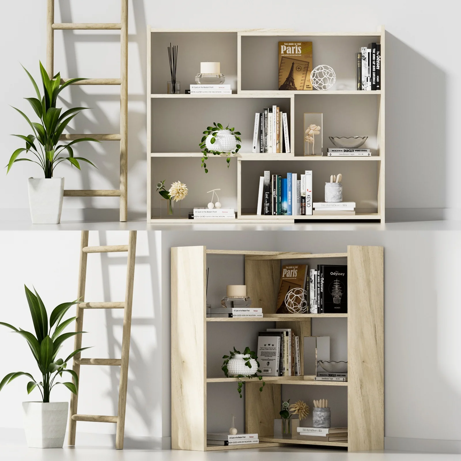 Kaboon Wood Bookshelf Expandable 30-55 inch Wide, 4-Tier Shelving Unit, Large Corner Bookcase