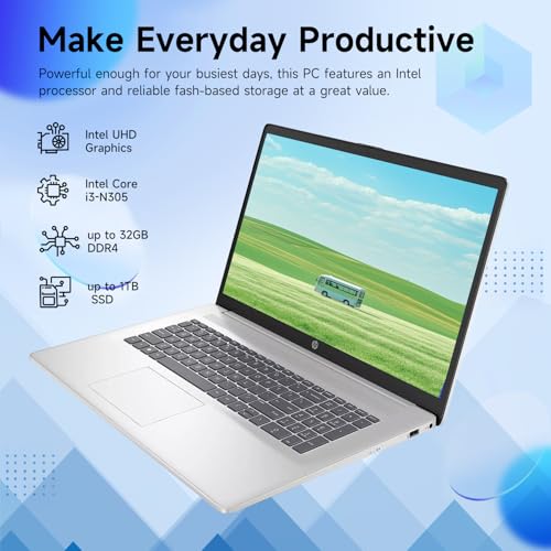 HP Premium 17.3" Touchscreen Laptop, 8-Cores Intel Core i3-N305, 32GB RAM, 128GB eMMC + 1TB SSD, Webcam, HDMI, Wi-Fi 6, Windows 11 S, Silver