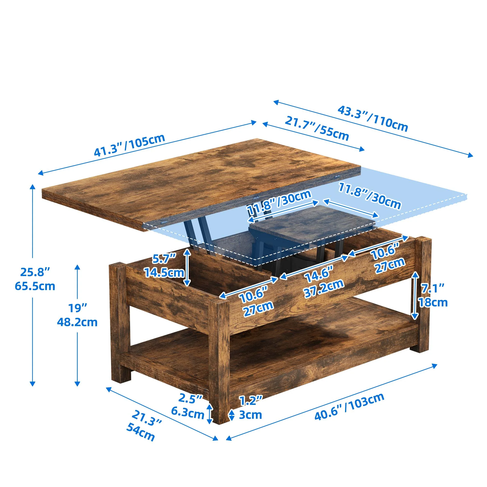 Dextrus Farmhouse Lift Top Coffee Table, 3 in 1 Multi-Function Center Table with Storage for Living Room, Brown - Radiant Selections