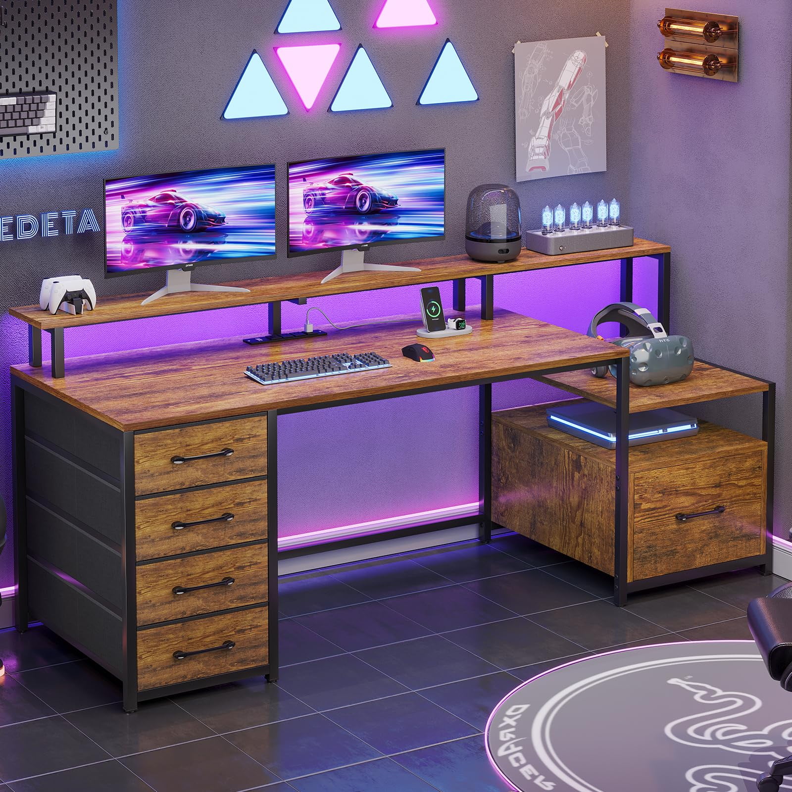 SEDETA Home Office Desk with File Drawer and Power Outlet, 66'' Computer Desk with 4 Drawer, Storage Shelves, Printer Cabinet and Monitor Shelf