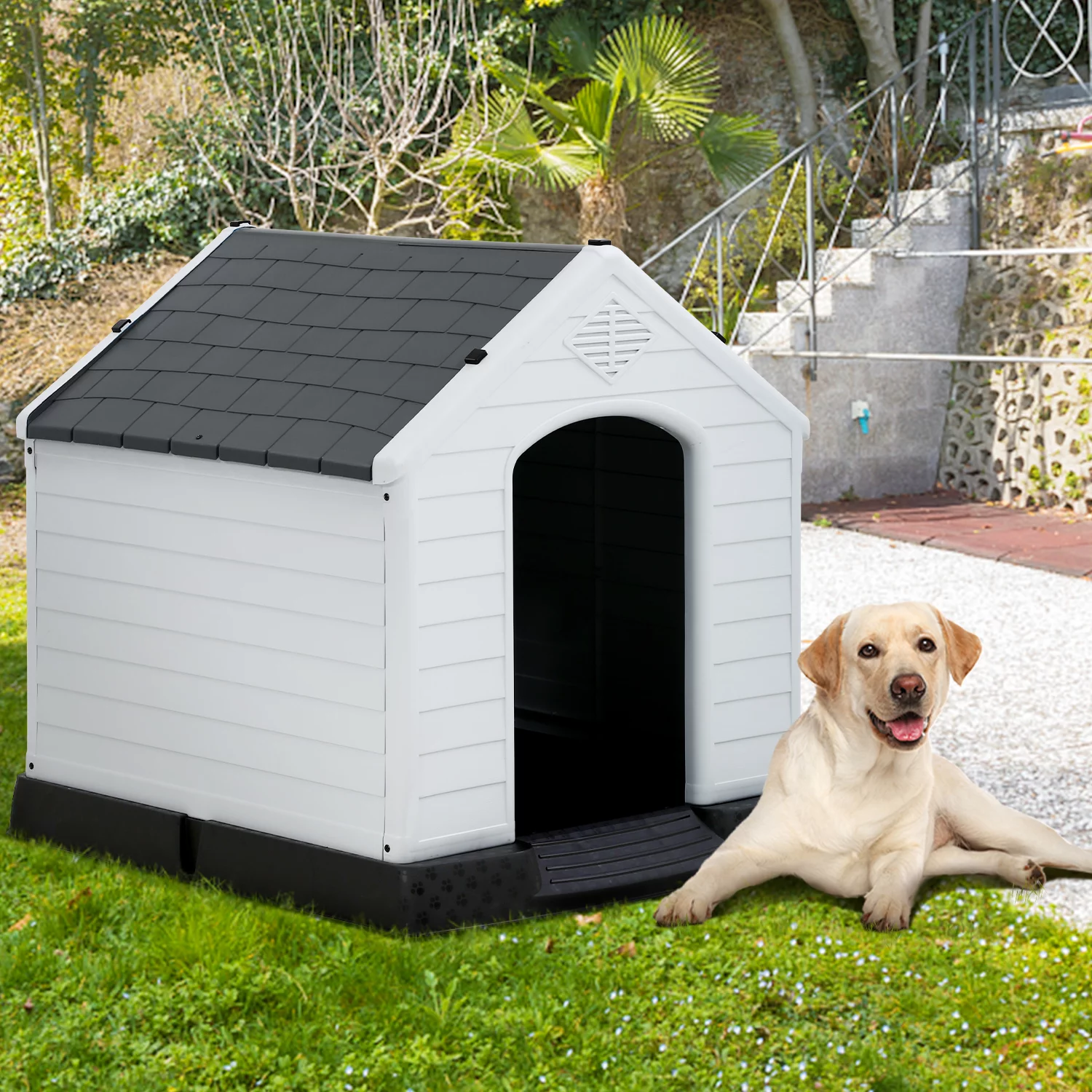 Extra Large Dog House for Large Medium Dogs 41x37.4x39 inch Plastic Water Resistant Dog Houses with Hight Base Support for Winter Tough Durable House