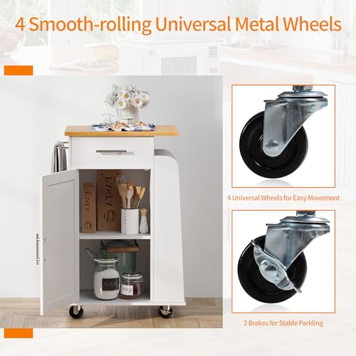 Shintenchi Rolling Kitchen Island Cart with Folding Drop Leaf Breakfast Bar, Portable Trolley Island with Large Storage Cabinet, Shelf and Drawer