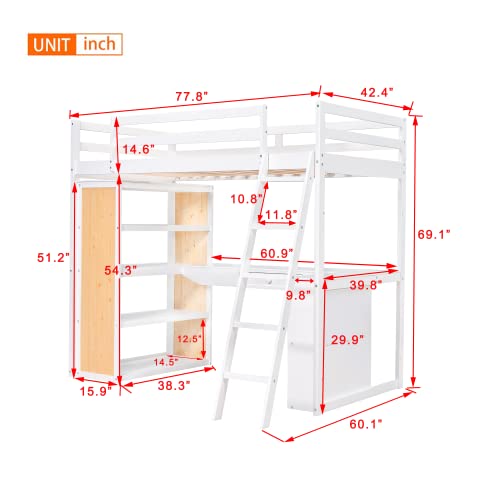 Twin Loft Bed with Staircase, Desk and Wardrobe, Wood Loft Bed with Storage Shelves and Safety Guardrail