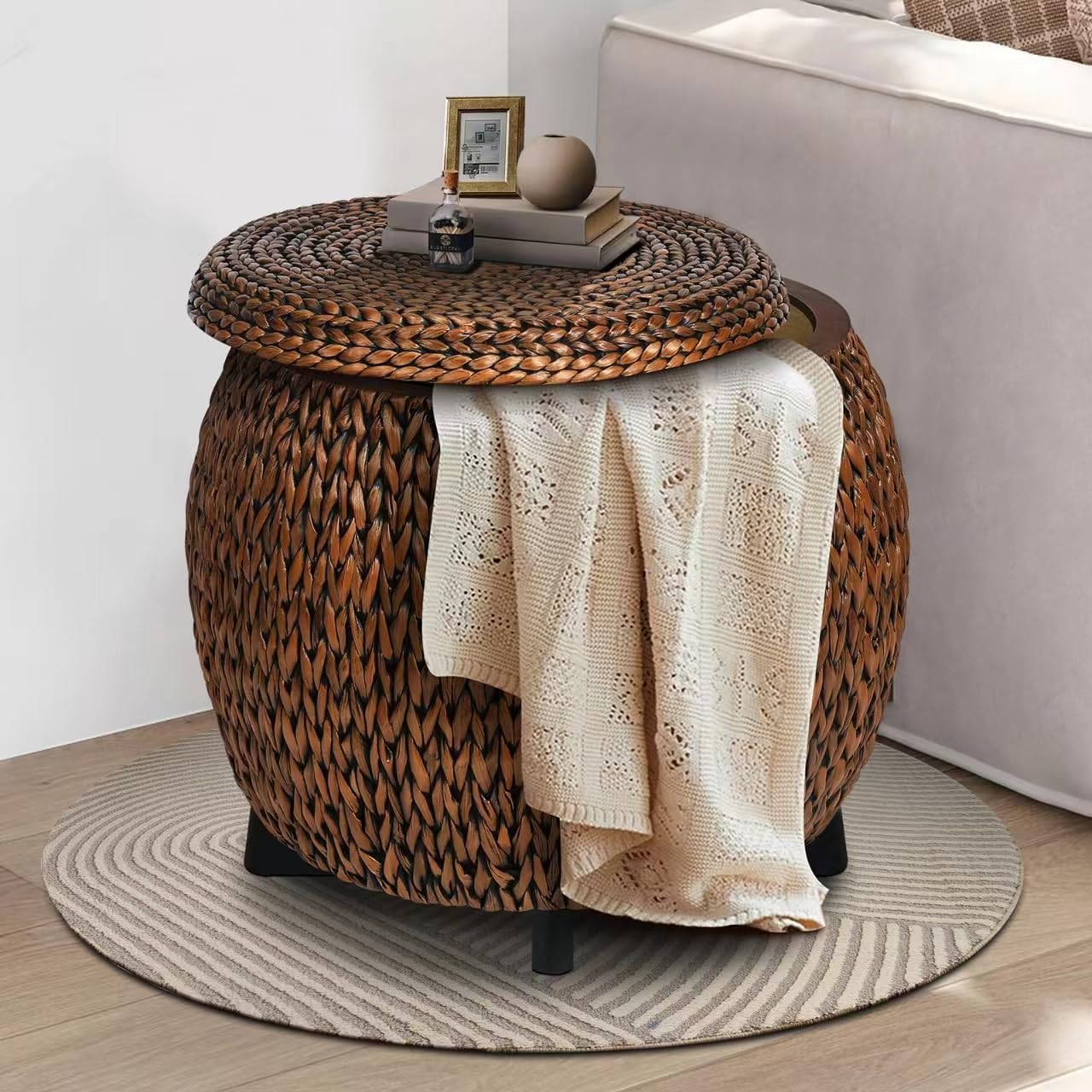 Round Sides Storage Ottoman Coffee Table,Ratten Swiveling Ottoman Bench, Bed Storage Trunk, Storage Basket