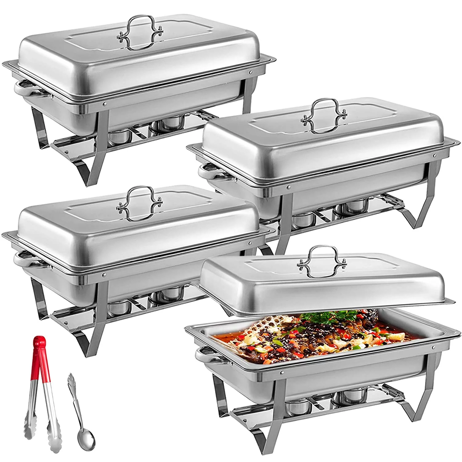 VEVORbrand Chafing Dish 4 Packs 9L/8 Quart Stainless Steel Chafer Full Size Rectangular Chafers for Catering Buffet Warmer Set with Folding Frame