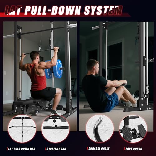 Compact Smith Machine Home Gym - 800lb Barbell Sleeve, Space-Saving Power Cage with LAT Pulldown, Power Rack 5-in-1