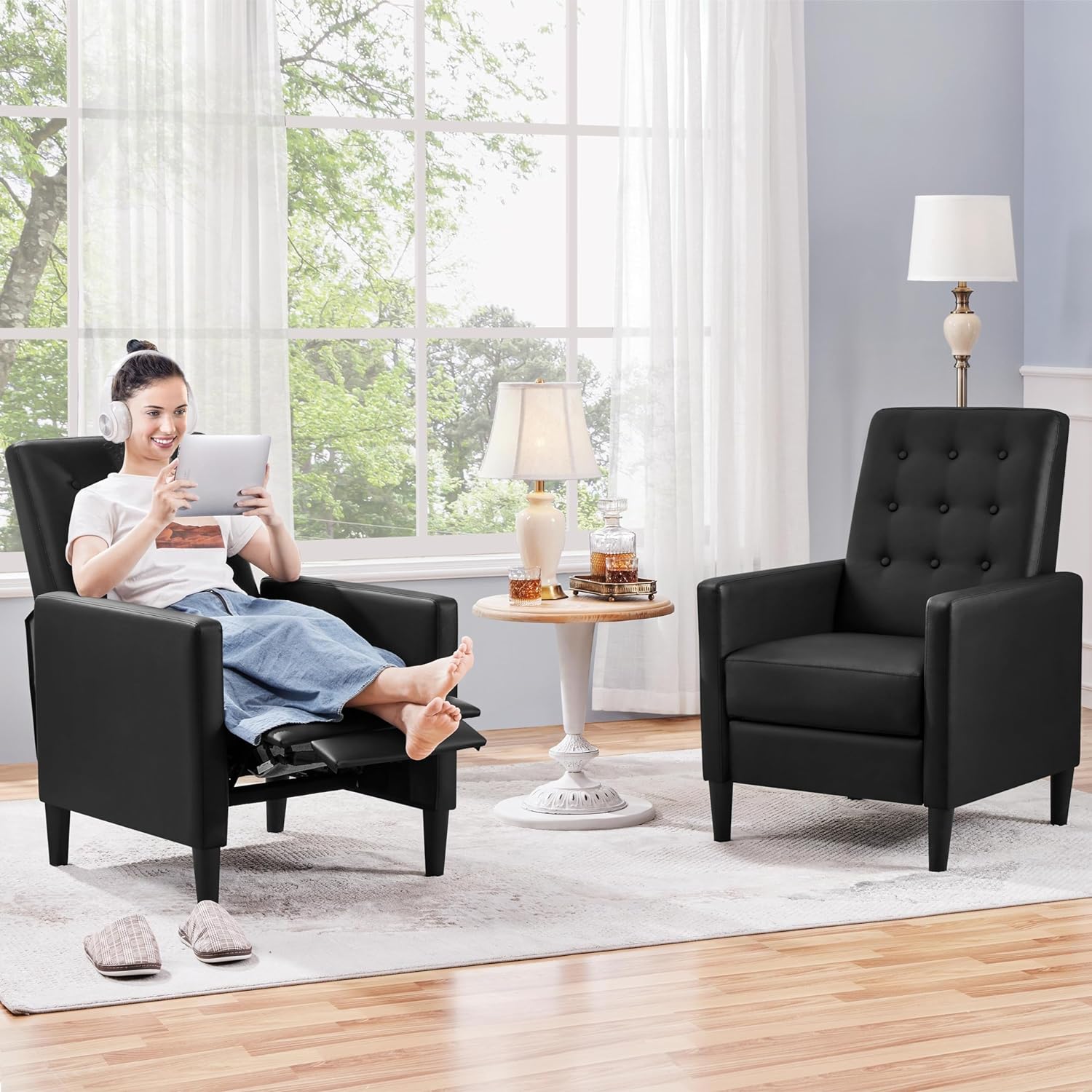 TJUNBOLIFE Faux Leather Recliner Sofa Mid-Century Modern Single Reclining Chair Adjustable Back &amp