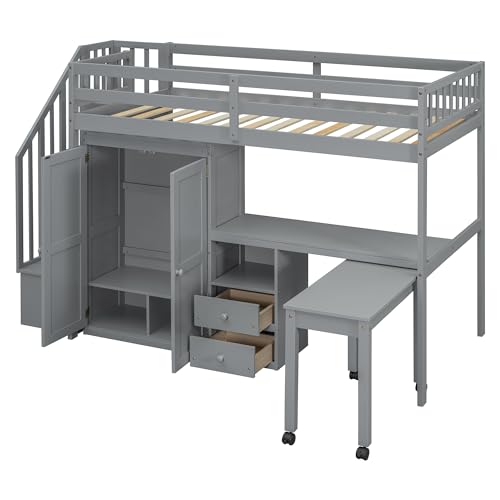Harper & Bright Designs Twin Size Loft Bed with Stairs and Bookshelf, Wood Twin Storage Bed with Desk & Wardrobe