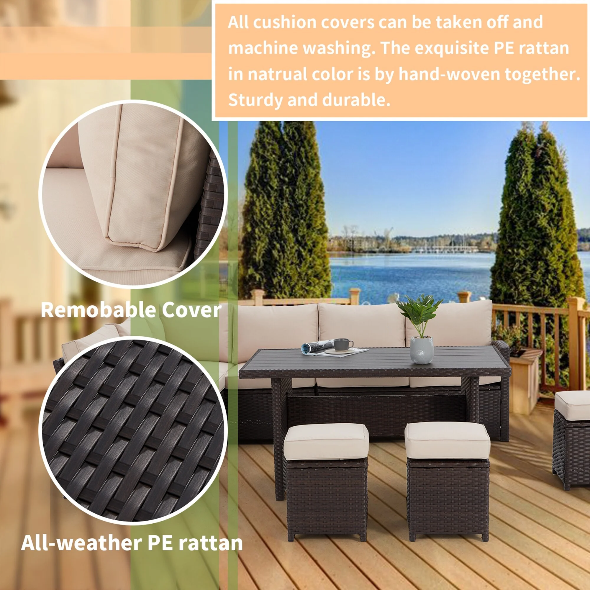 AECOJOY Outdoor 7-piece Wicker Dining Set Patio Sofa Furniture Beige - Curated Treasures Market