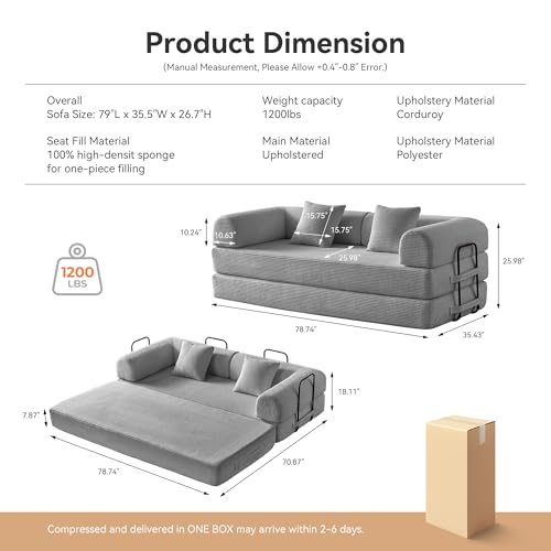 Convertible Sleeper Sofa Bed with Cylindrical Pillow, Comfy Foldable Sofa Bed Compressed Sofa in Box