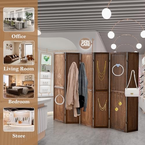 4 Panel Room Dividers and Folding Privacy Screens, 5.6Ft Wooden Pegboard Display, Privacy Dividers for Bedroom