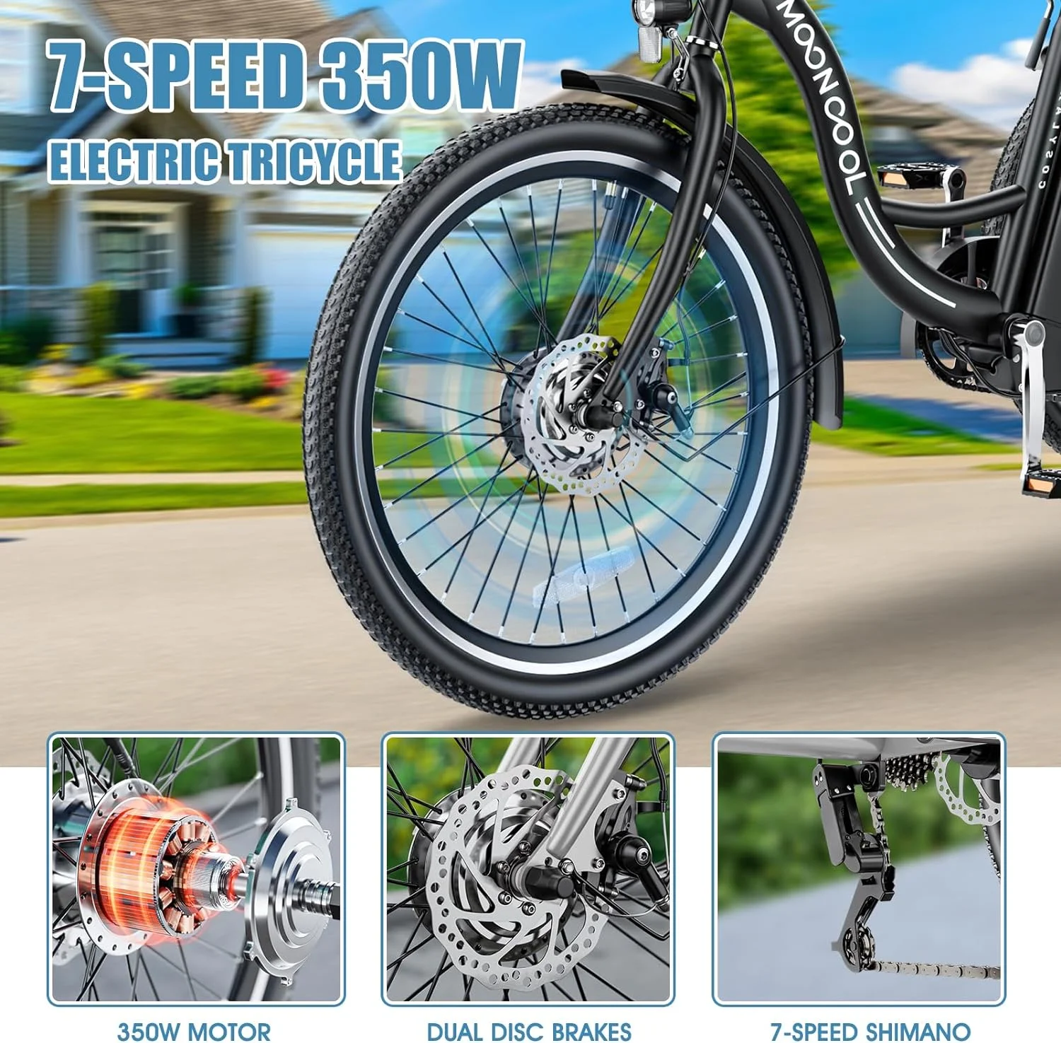 MOONCOOL 350W Motorized Electric Trike, 7 Speed 3 Wheel Electric Bicycle with 36V 14.5Ah Lithium Battery UL Certified