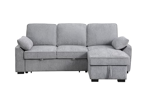 L-Shaped Pull Out Sleep Sofabed,Modern Reversible Sleeper Sectional Sofa Chenille Upholstered Button Tufted Decor with Storage Chaise
