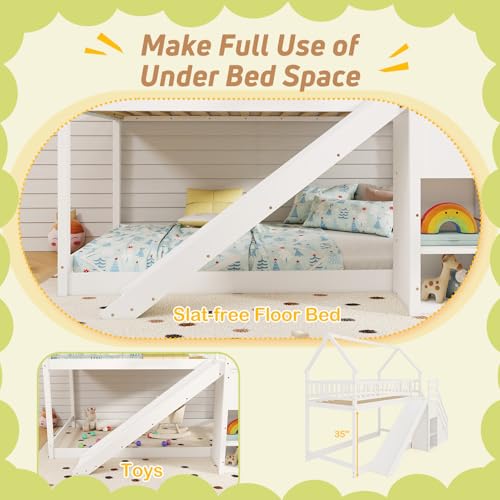 Giantex House Bunk Bed Twin Over Twin with Slide & Stairs, Wood Bunk Bed with Storage Shelves, No Box Spring Needed