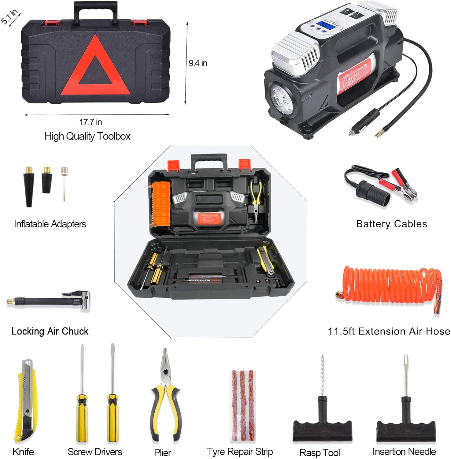 GSPSCN Portable Digital Tire Inflator,Heavy Duty Dual Cylinders 12V Auto Air Compressor Pump 150PSI with Warning Triangle