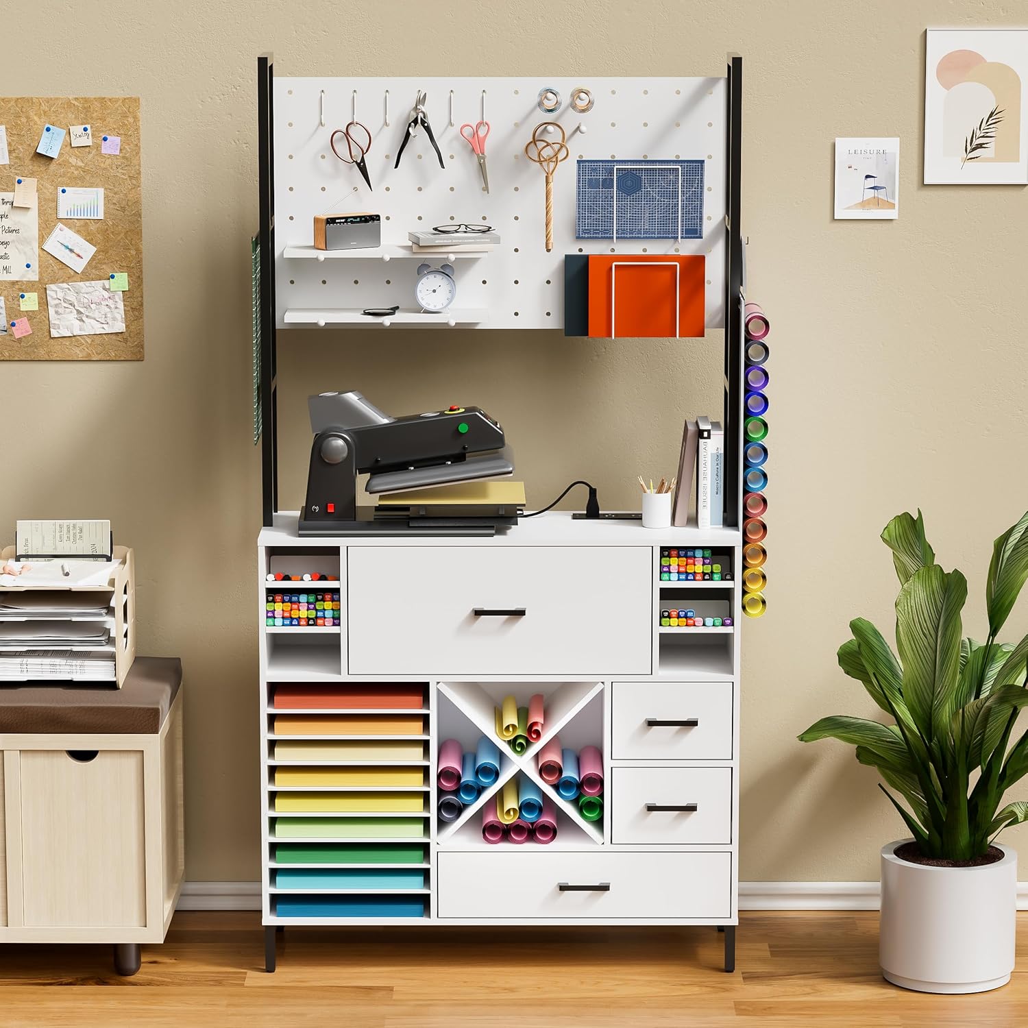 PAKASEPT Craft Organizers and Storage Cabinet Compatible with Cricut Machines, Cricut Accessories Craft Table with Power Outlet, Pegboard