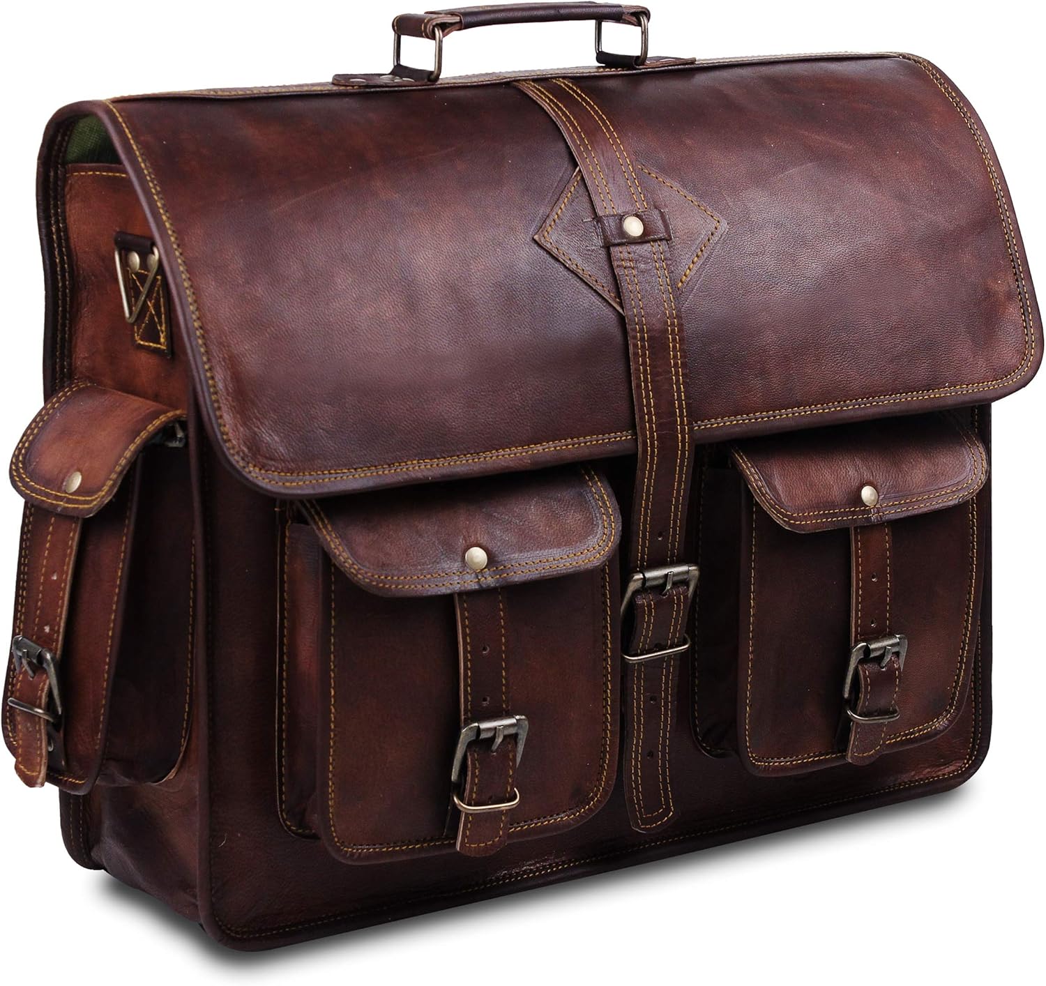 Vintage Leather Laptop Bag for Men Full Grain Large Leather Messenger bag for men 18 inches with rustic look Best leather briefcase by Hulsh