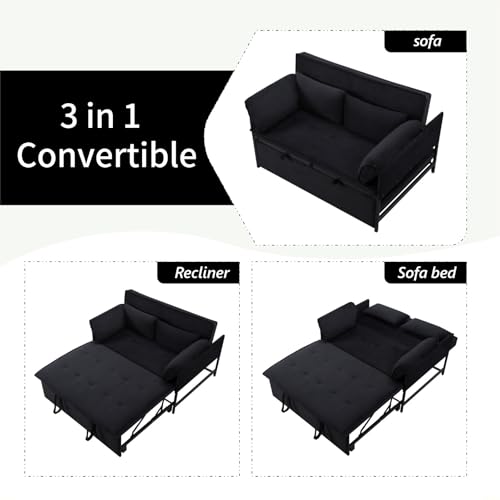 3 in 1 Sleeper Sofa Bed, Futon Sofa Bed for Living Room with Side Pocket, Black Sleepers Sofa Couch with Pullout Bed