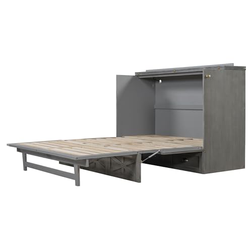 Harper & Bright Designs Full Size Murphy Bed Wall Bed, Solid Pine Murphy Bed Chest Cube Cabinet Bed with USB