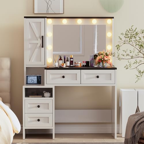 Likein Vanity Desk with Mirror and Lights, White Vanity with Jewelry Storage Cabinet, Makeup Dressing Table with 11 Drawers, Charging Station