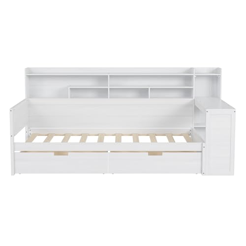 Corner Twin Bed Frame with Bookcase Storage and Desk, Wood Day Beds with 2 Drawers, Twin Size Daybed with Storage for Living Room