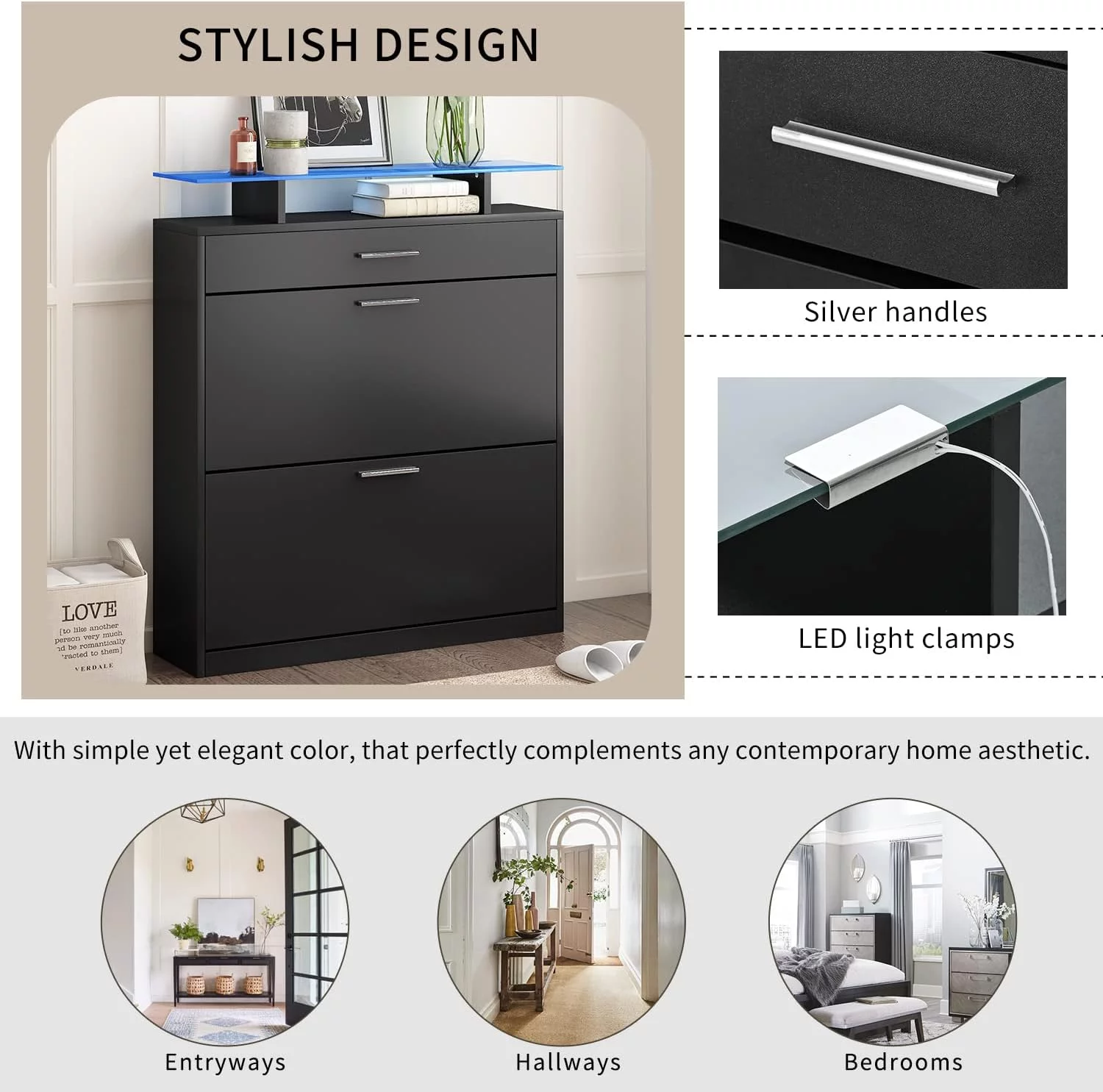 AngLink Slim Entryway Shoe Cabinet with 2 Flip Drawers, Modern Tempered Glass Top Shoe Storage Organizer with Drawer and Open Shelves