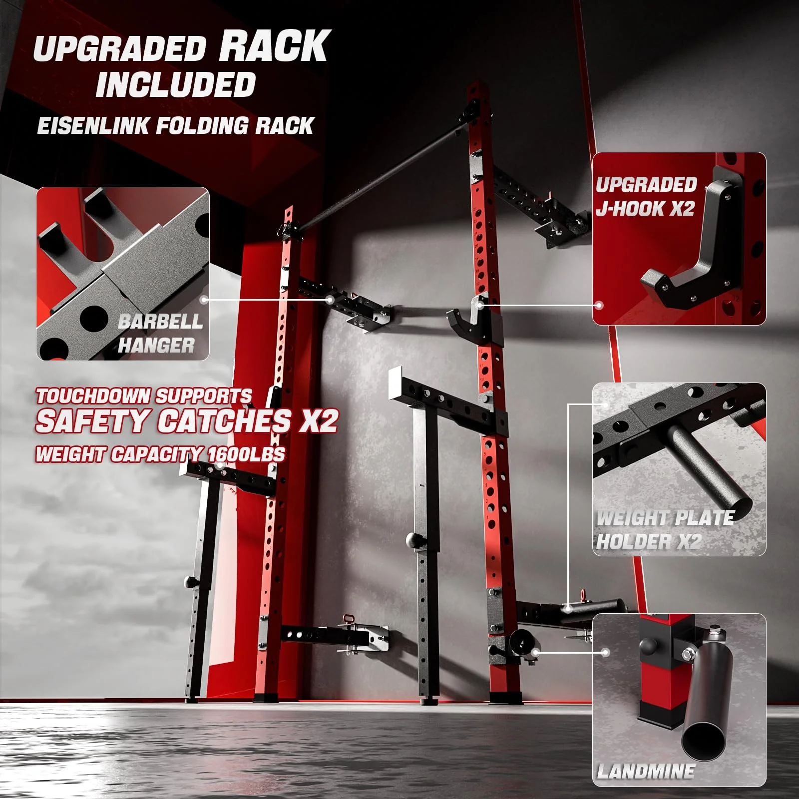 Eisenlink Foldable Power Cage, 1000LBS Capacity Wall Mounted Squat Rack with Quick Remove Pull-Up Bar, J-Hooks, Landmine