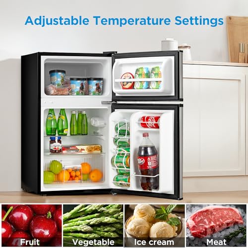 Midea WHD-113FB1 Double Door Mini Fridge with Freezer for Bedroom Office or Dorm with Adjustable Remove Glass Shelves Compact Refrigerator, 3.1 cu ft
