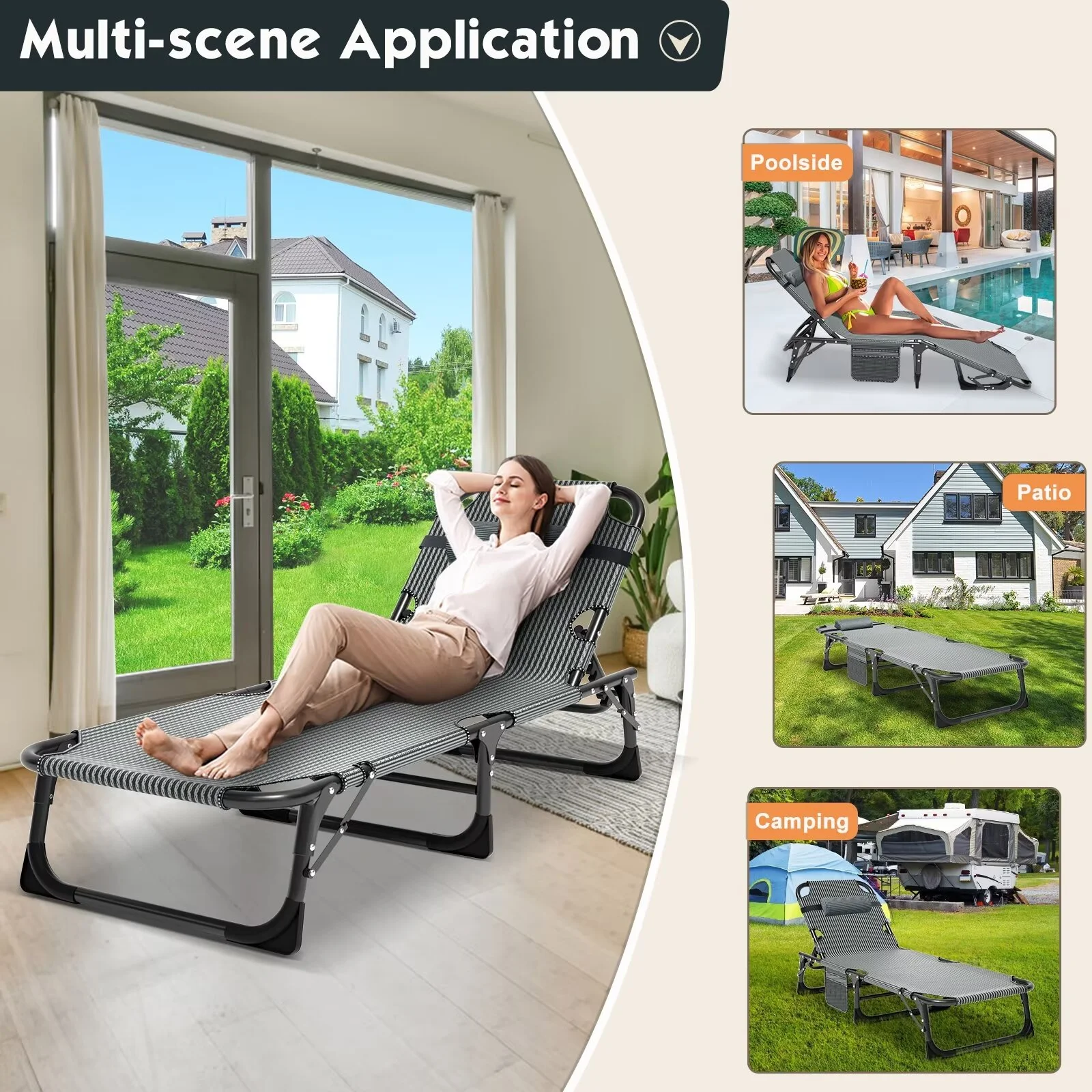 Lilypelle Camping Cot, Adjustable 4-Position Adults Reclining folding Chaise with Pillow, Outdoor portable Lounge Chair Sleeping Cots Bed