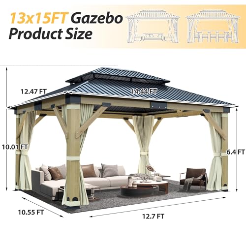 12'x12' Hardtop Gazebo, Outdoor Double Roof Galvanized Steel Gazebos, Aluminum Frame Permanent Pavilion with Curtains & Netting for Backyard, Patio