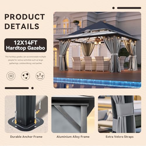 Aoxun 12'x16' Hardtop Gazebo, Aluminum Frame Permanent Pavilion with Netting and Curtains, Outdoor Polycarbonate Double Roof Canopy