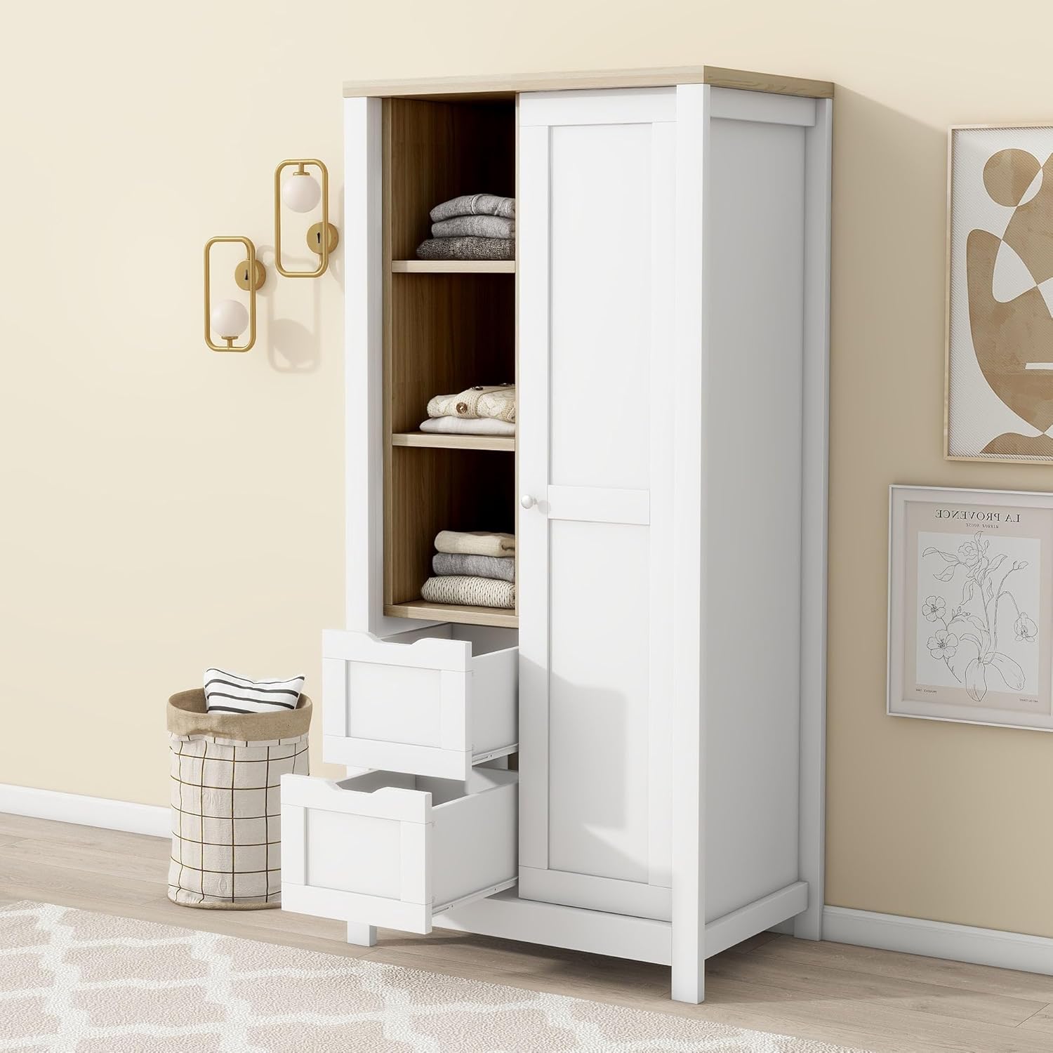 Armoire Wardrobe 1 Sliding Door and 2 Drawers, Clothes Cabinet with Hanging Rod, Freestanding Wooden Closets Organization for Bedroom