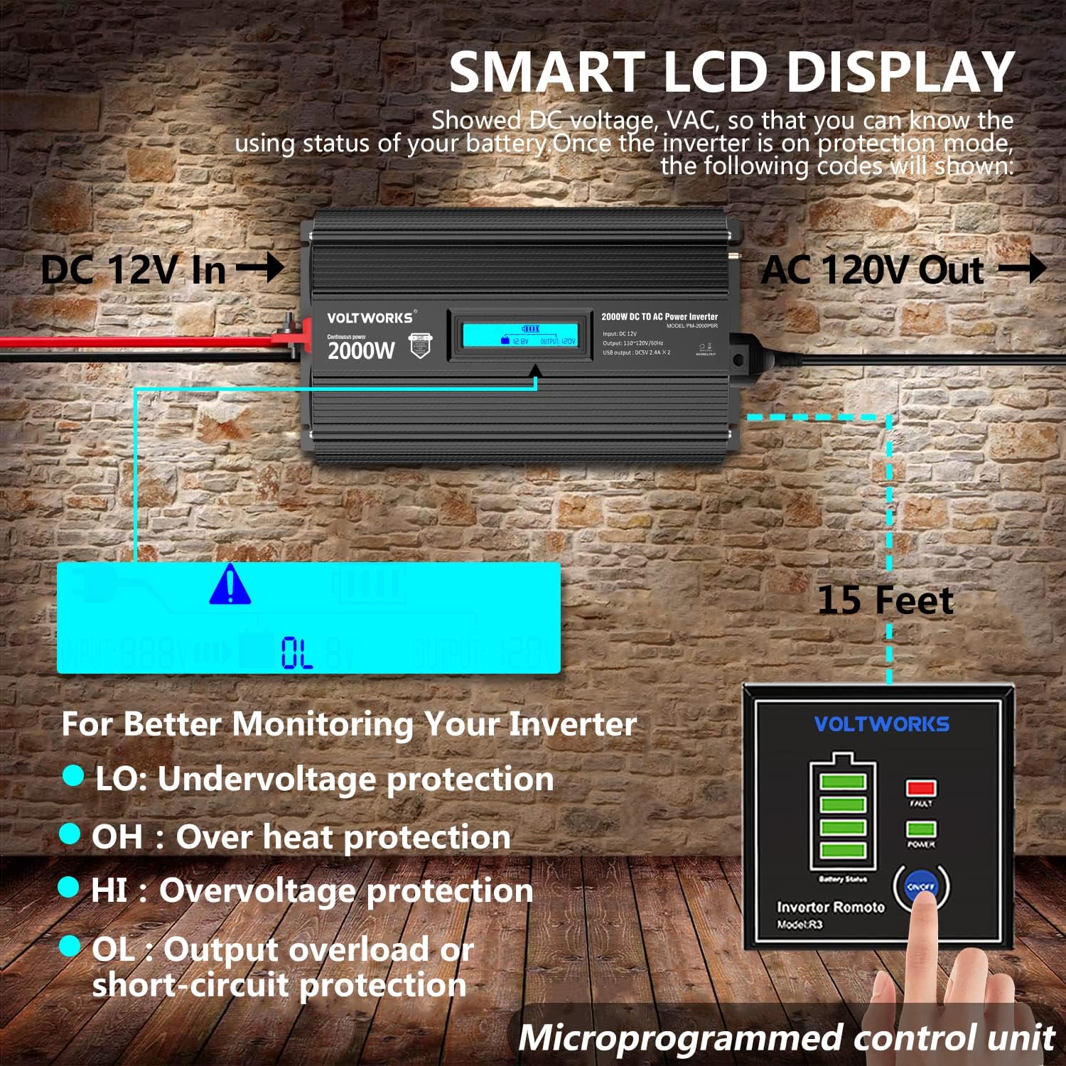 Power Inverter 1100 watt DC 12V to AC 120V Modified Sine Wave 1000w Inverter with LCD Display Remote Control 2AC Outlets Dual 2.4A USB Ports for Car