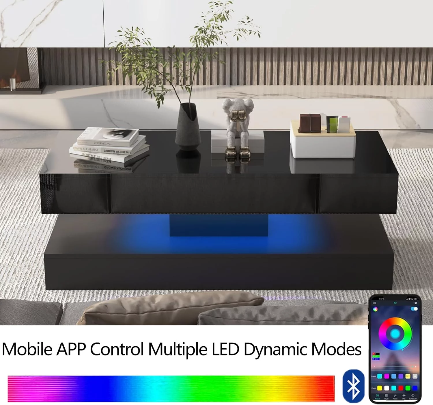 ChVans LED Coffee Table with 2 Storage Drawers, Modern High Gloss Black Coffee Table w/20 Colors LED Lights & APP Control, Large Living Room Furniture