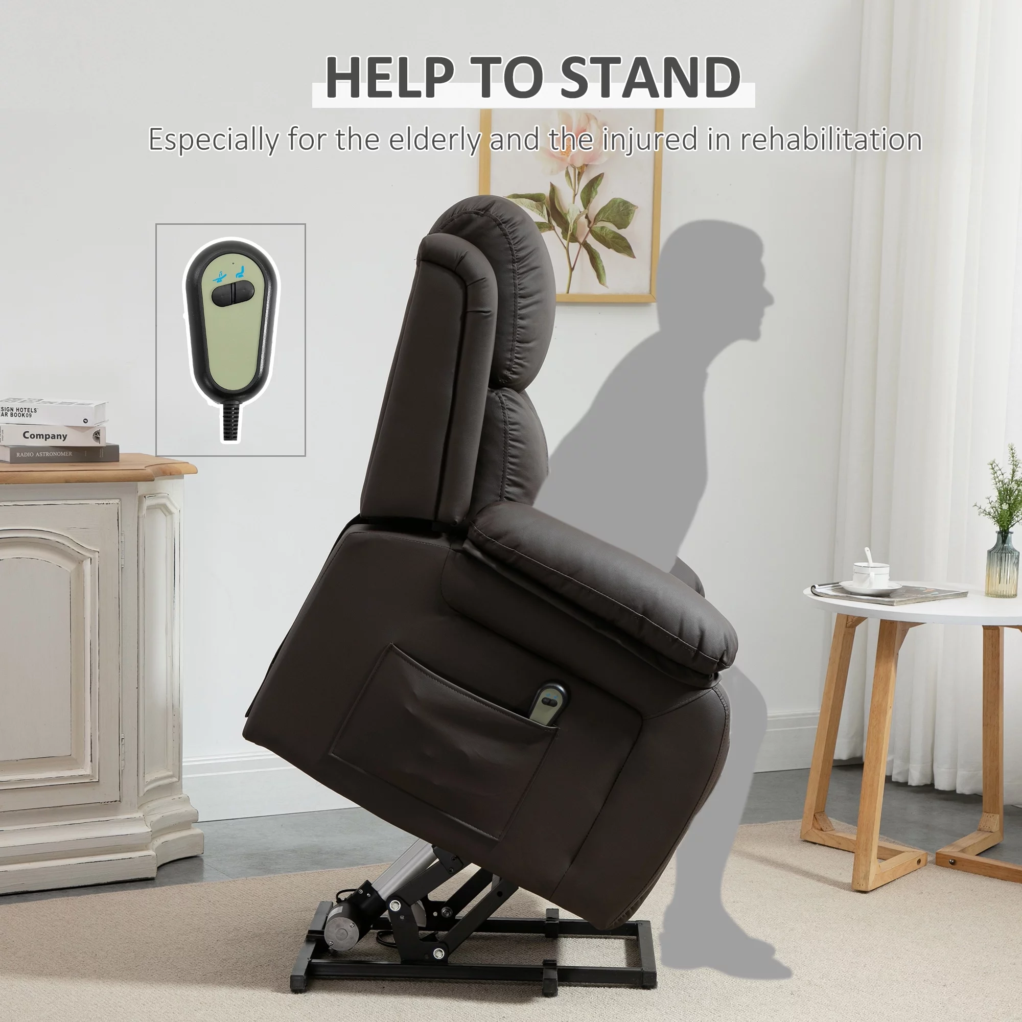 HOMCOM Living Room Power Lift Chair, PU Leather Electric Recliner Sofa Chair for Elderly with Remote Control, 3 Positions, Side Pockets