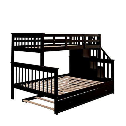 Ball & Cast Full Over Full Bunk Bed with Twin Size Trundle and Built in 4 Drawer,Wood Bunkbed w/Storage Ladder & Slat Support
