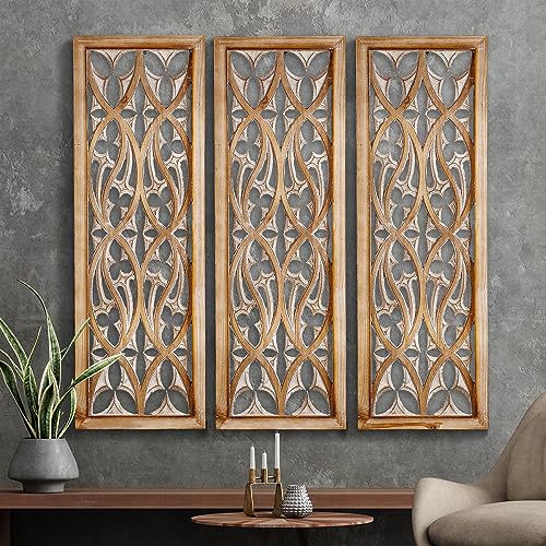 XIAOAIKA Carved Wood Wall Art Decor - Floral Design Panel, Distressed Carved Antique Wood Decor - Decorative Wall Sculpture for Living Room, Bedroom